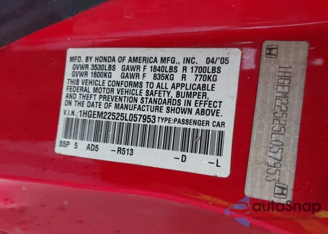 2005 Honda Civic Lx z USA, uszkodzony, nr VIN 1HGEM22525L057953